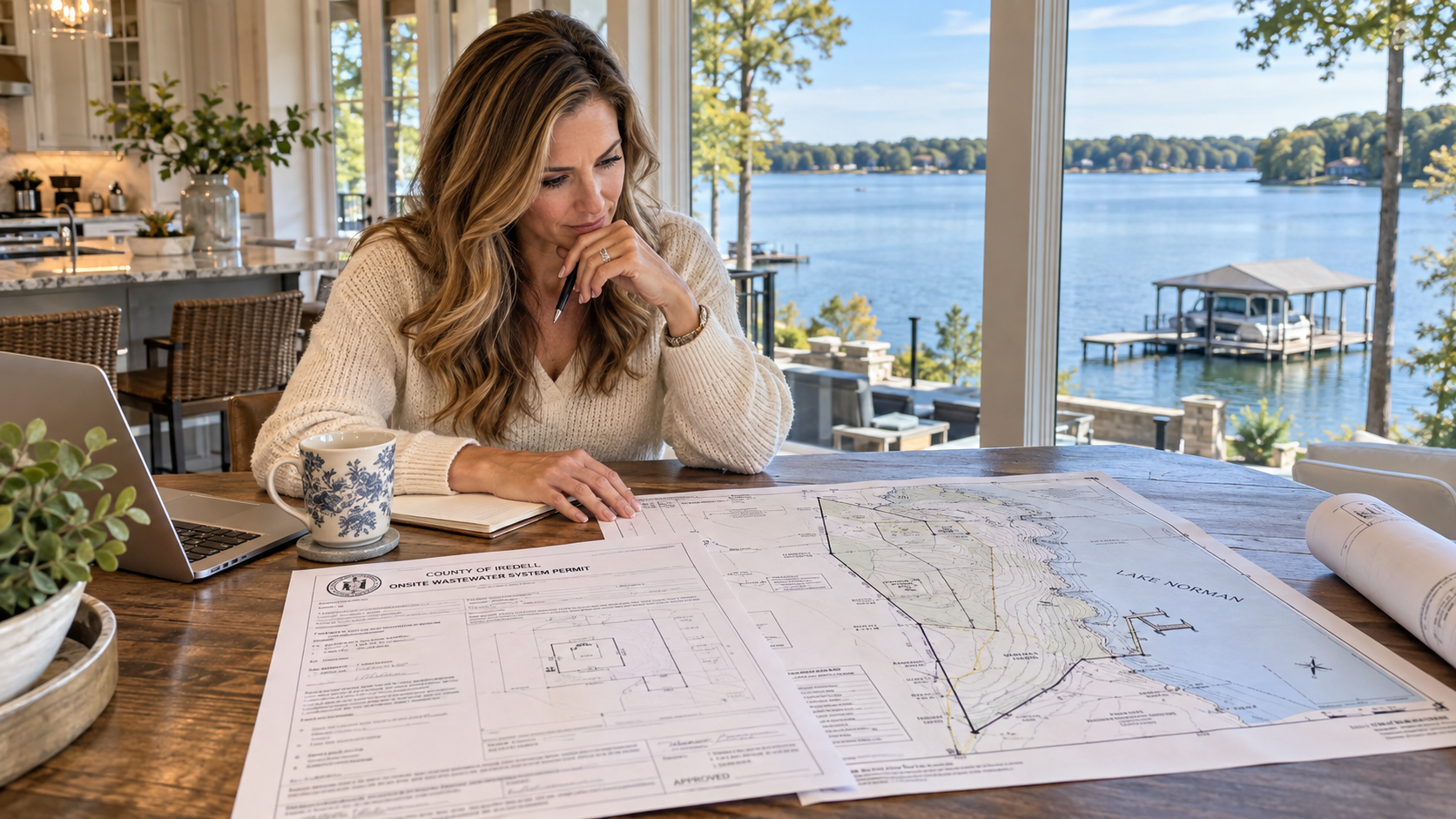 Lake Norman buyer reviewing septic permit records before purchasing a waterfront home. Lake Norman buyer reviewing septic permit records before purchasing a waterfront home.