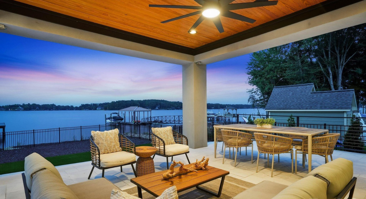 Indoor-outdoor living in a luxury Lake Norman waterfront home.