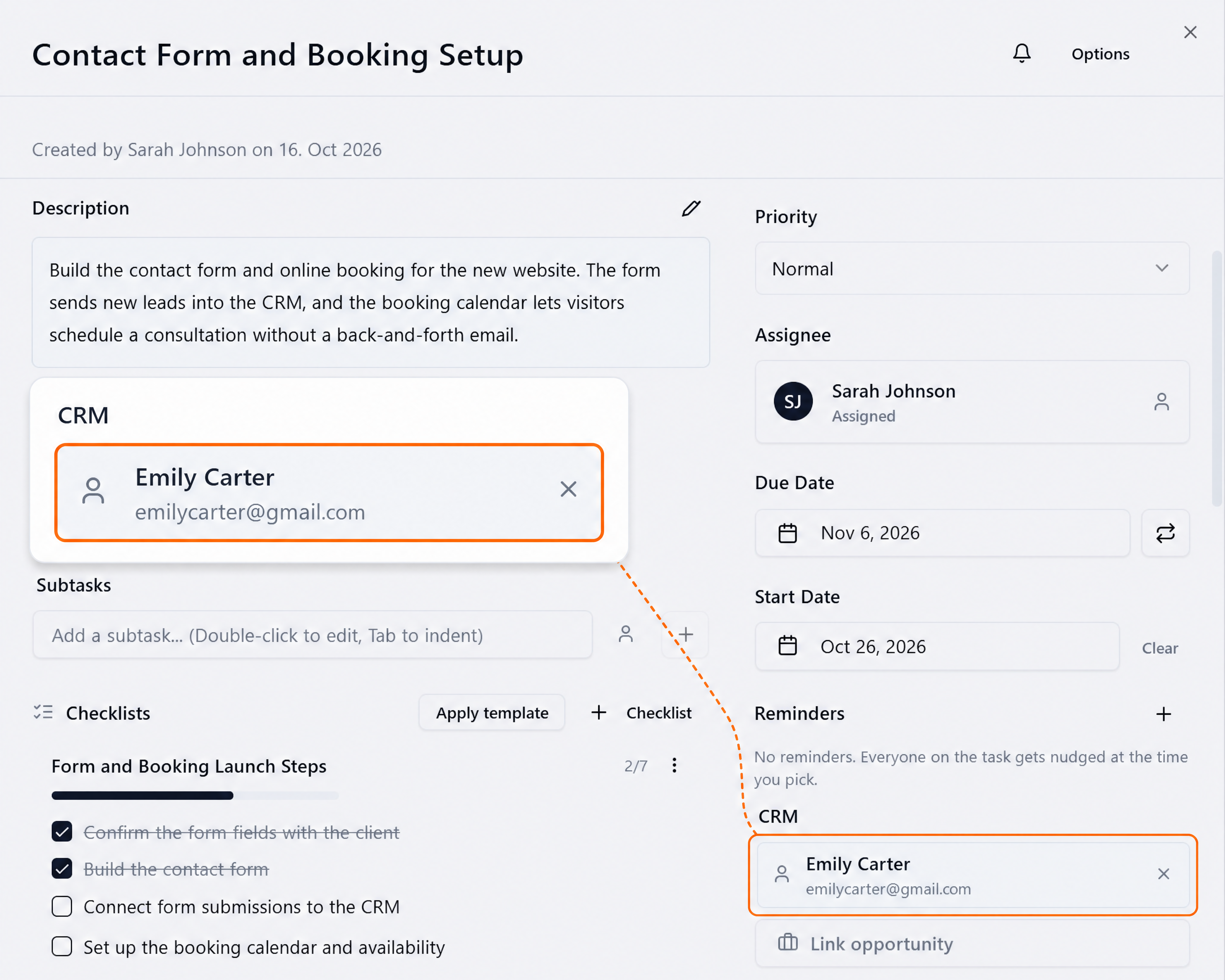 Task Engine task with a linked CRM contact