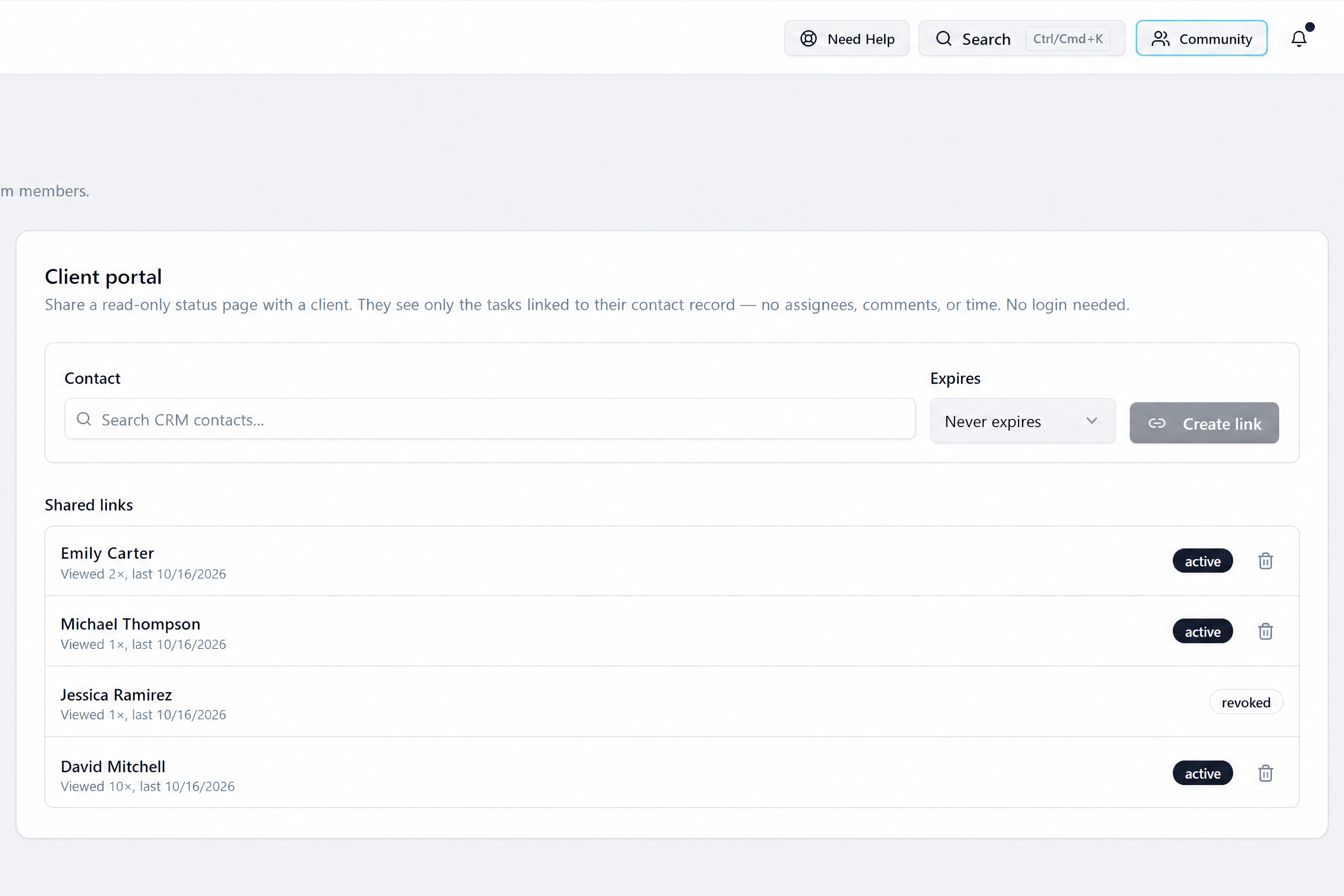 Task Engine client portal settings with shared links