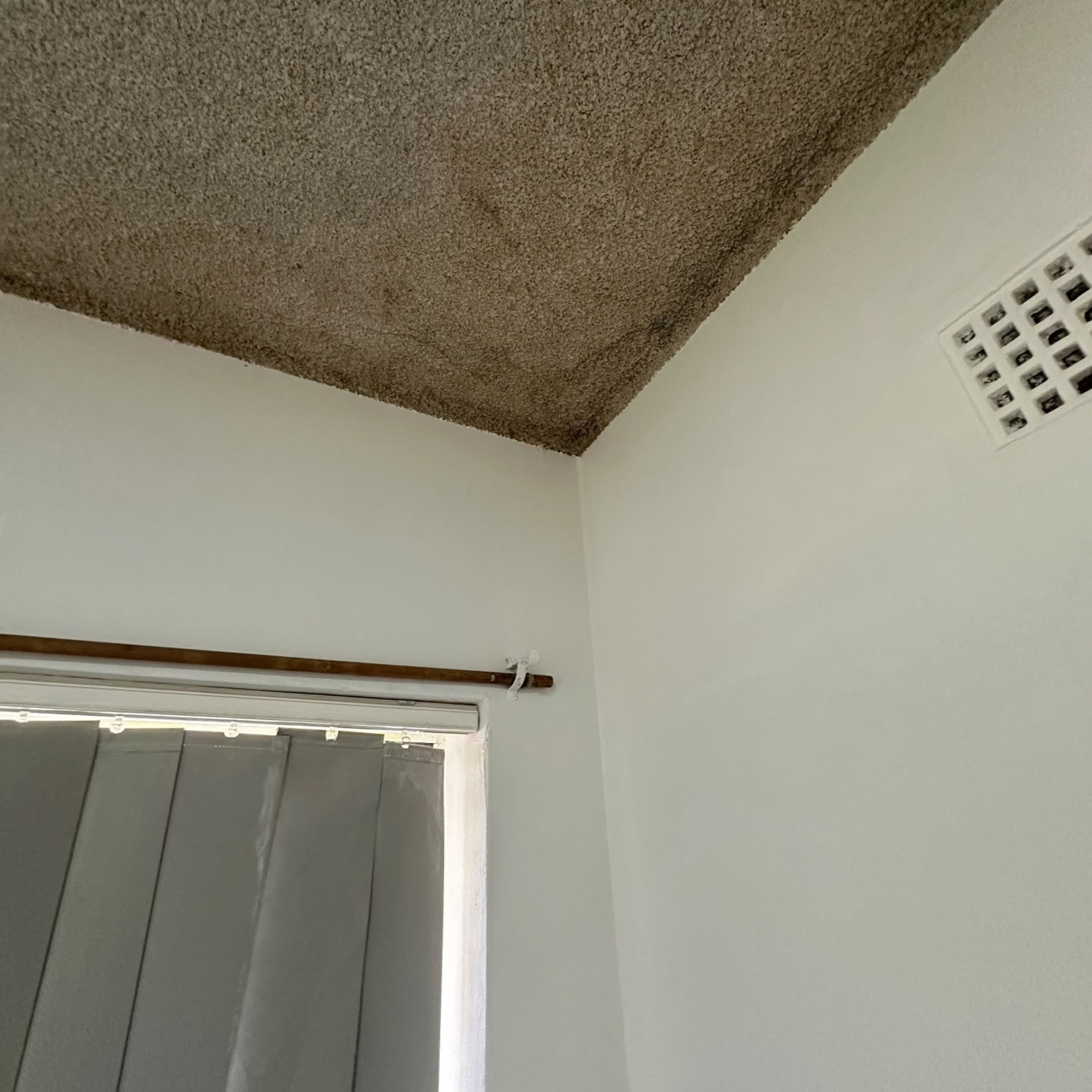 Cleaned bedroom walls below a textured popcorn ceiling