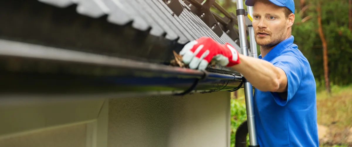 Worker cleaning roof gutter by removing leaves and buildup. Worker cleaning roof gutter by removing leaves and buildup.