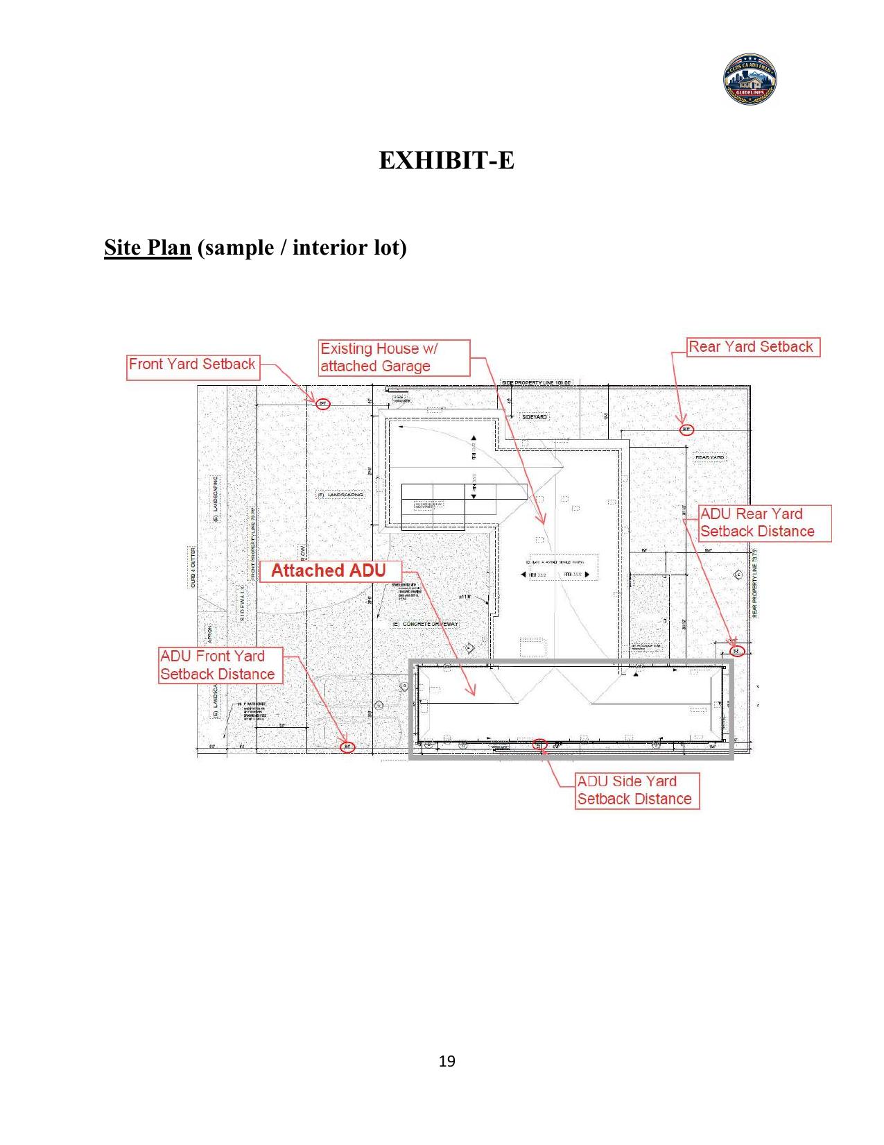 Sample site plan for an attached ADU on a standard interior lot showing front yard, side yard, rear yard, and setback distances