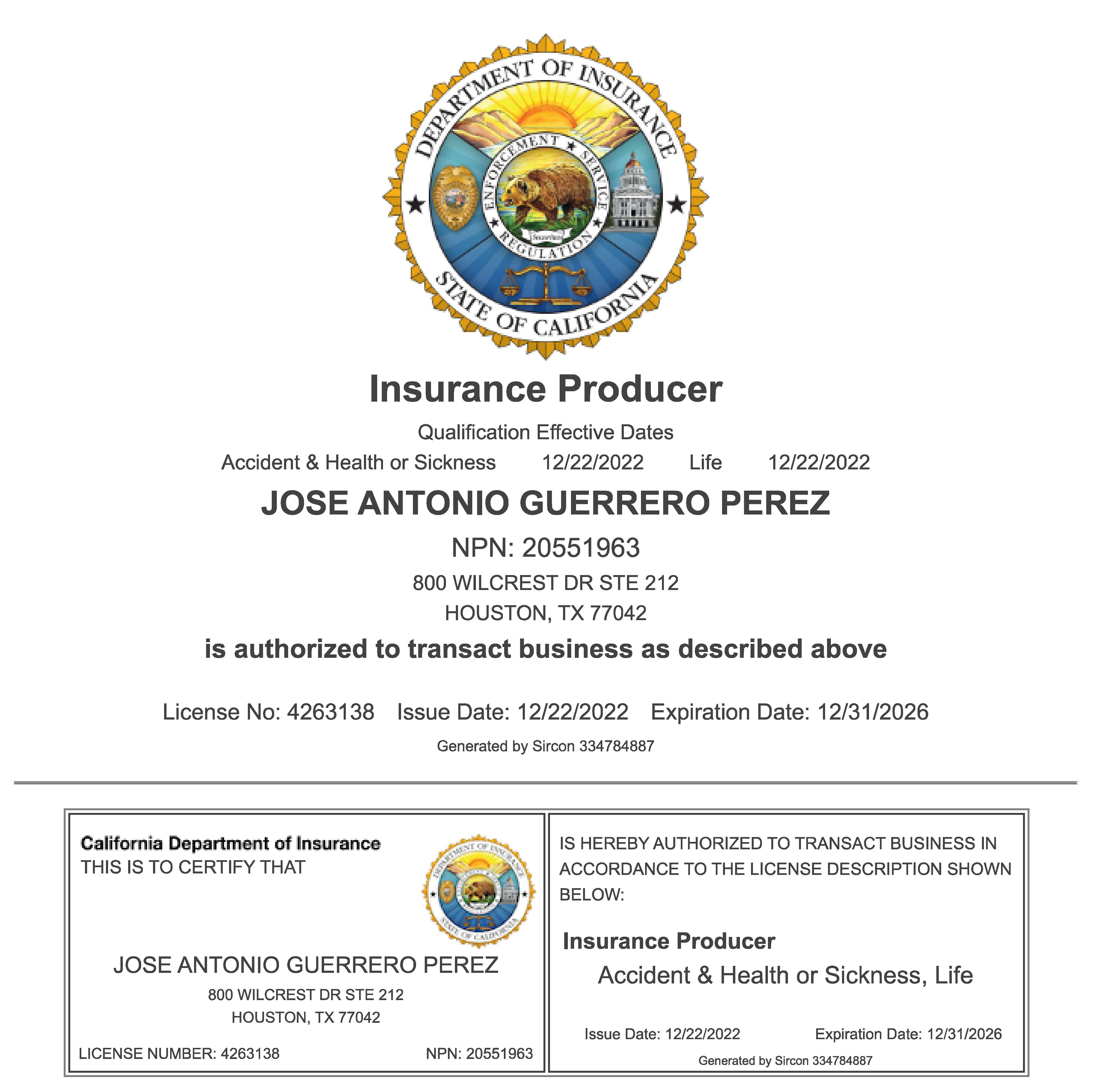 Licencia de seguros del estado de California de José Guerrero, número 4263138