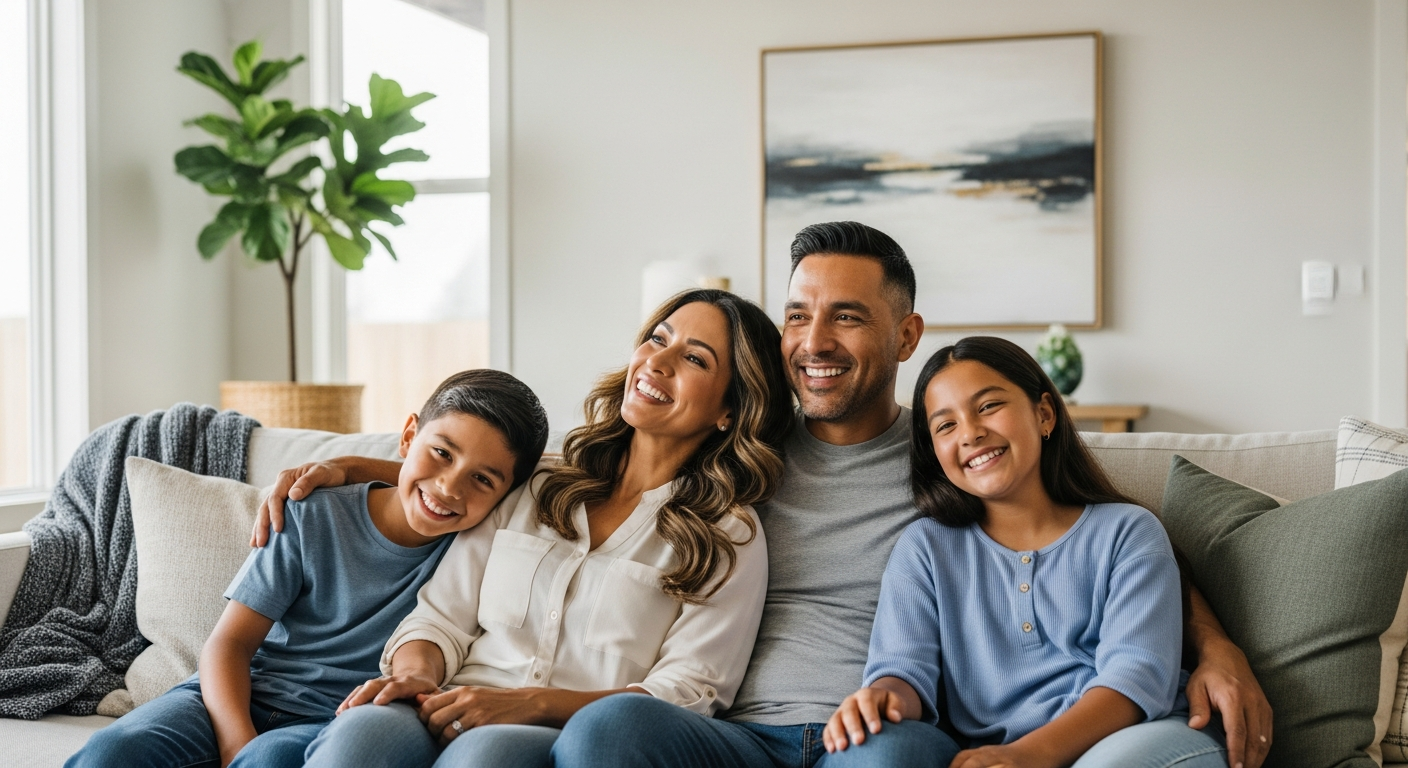 Familia latina sonriendo en casa, protegida con seguro médico