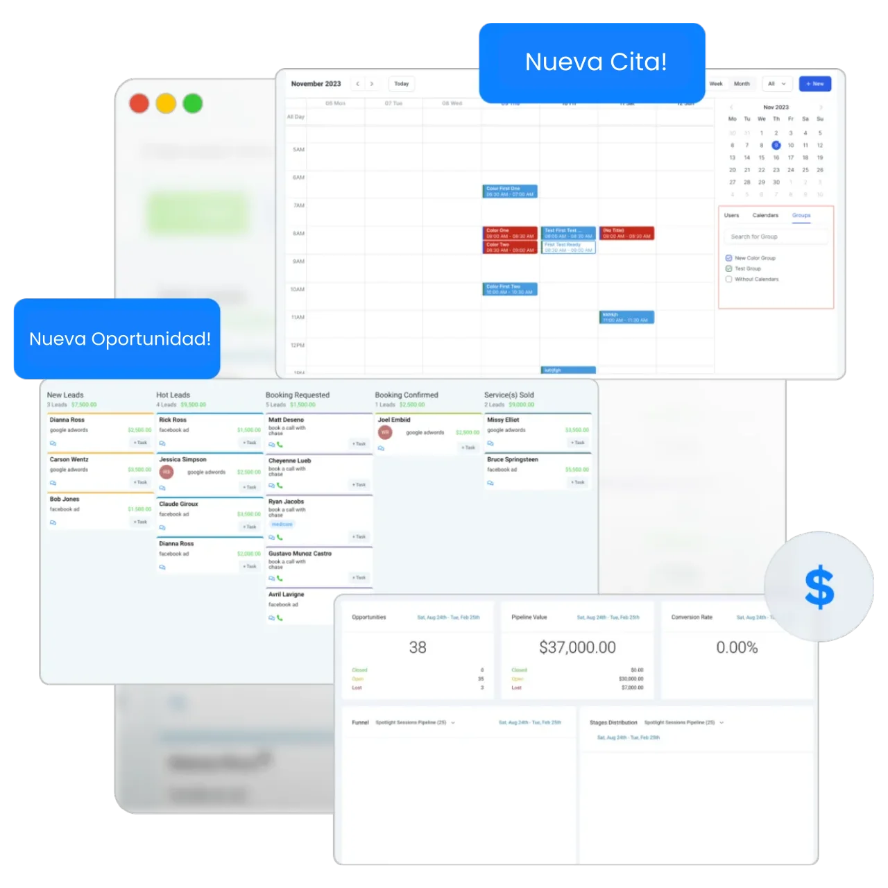 Calendarios y CRM en FireFunnels