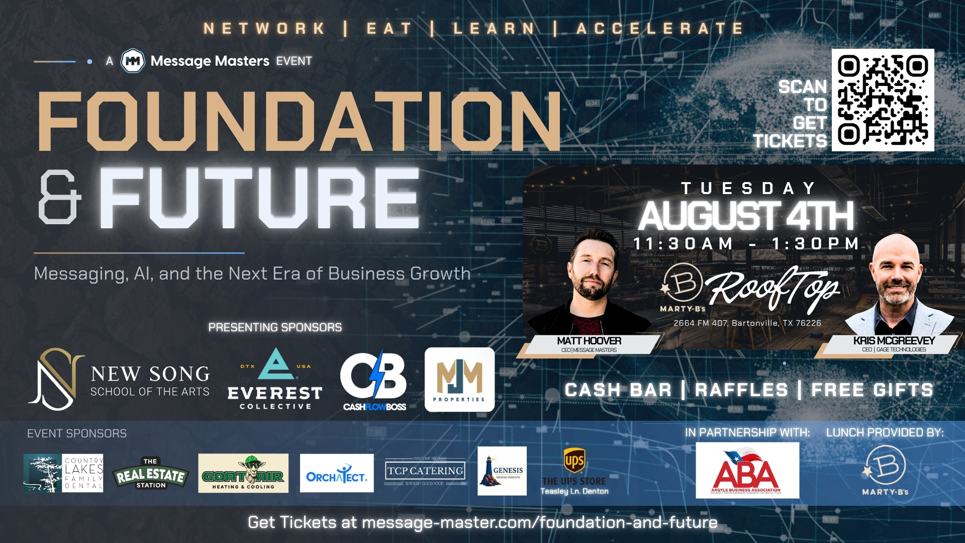 Foundation and Future - A Message Masters Event, Tuesday August 4th at Marty B's RoofTop
