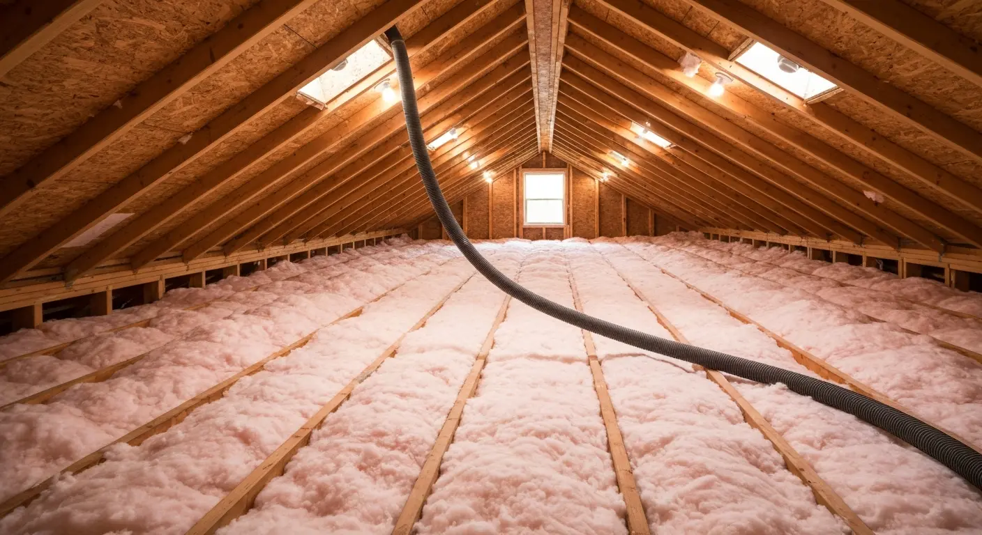 Blown-in insulation being applied to attic