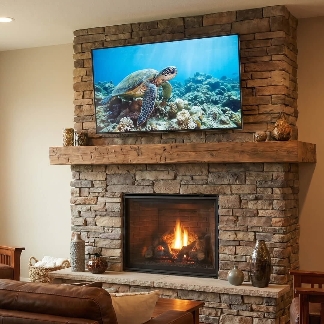 TV mounted above fireplace