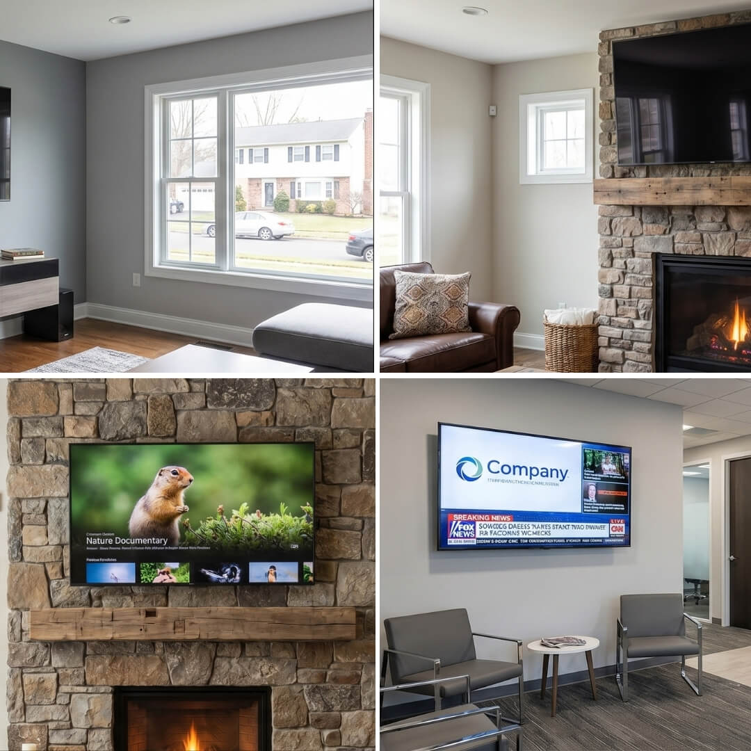 TV mounted on brick or concrete wall
