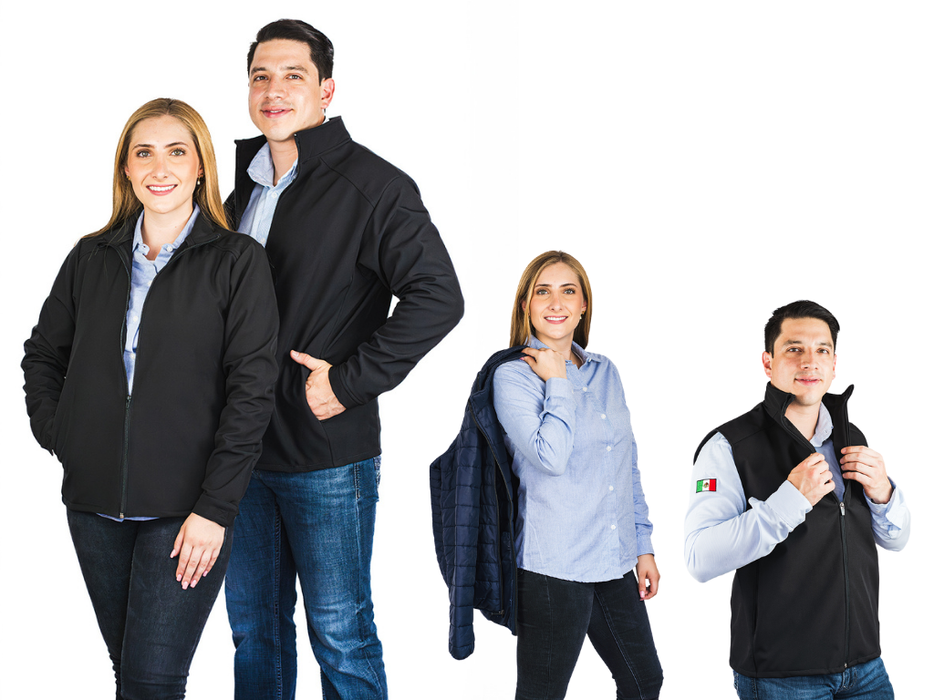 A diverse team of business professionals in Monterrey, each wearing distinct, modern corporate uniforms in blue and white, standing confidently in a bright, contemporary office lobby with glass walls and city views.
