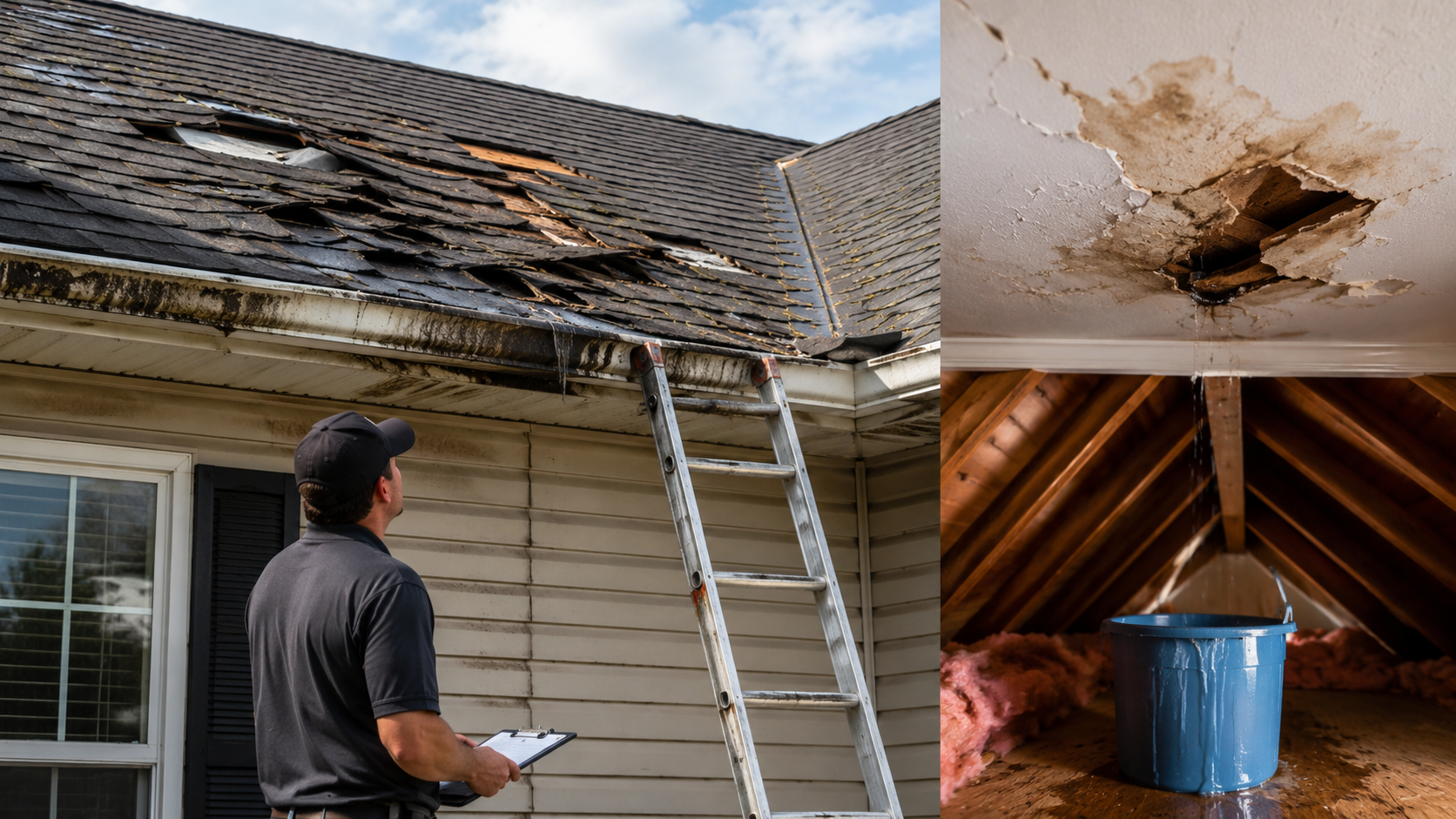 Damaged roof with leaks and worn shingles needing roof repair from Scarfo Construction & Roofing in Newberry, SC