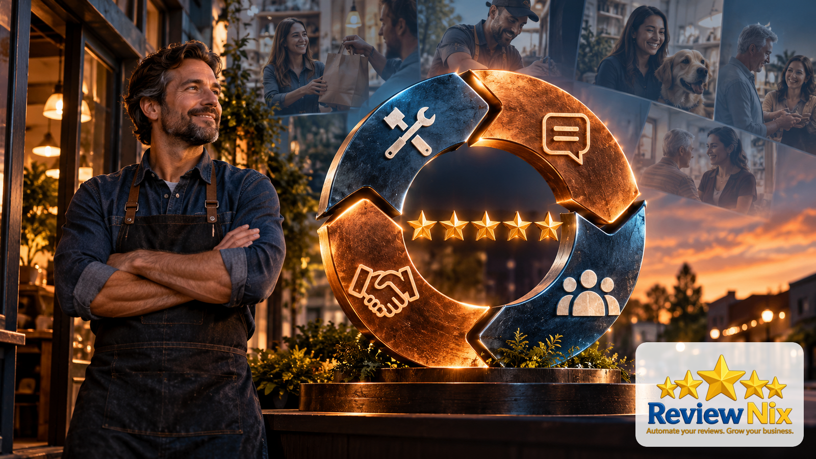 A visual explanation of the practical business impact of online reviews showing a business owner, a review workflow and five gold stars.