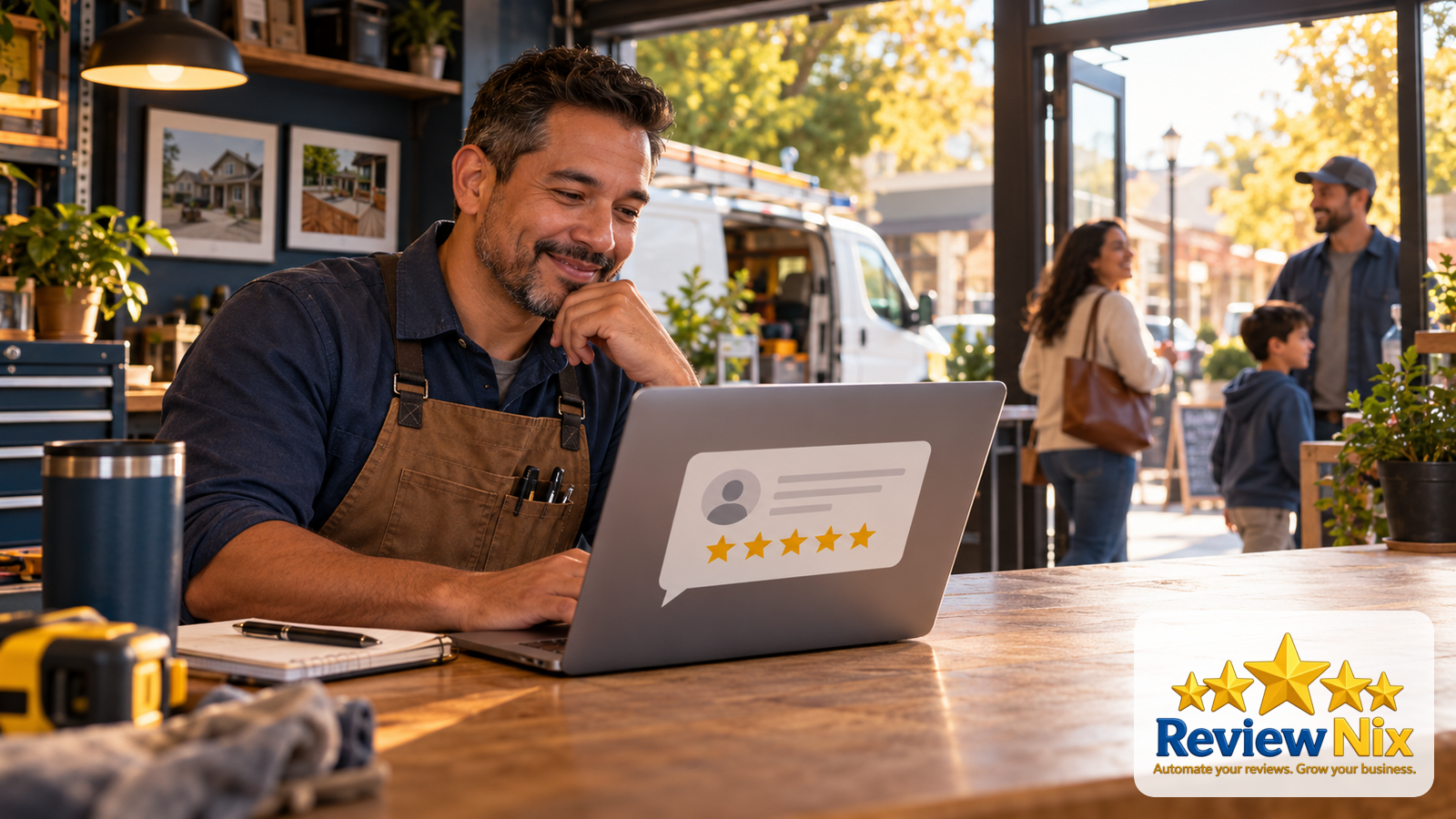 A visual explanation of why are google reviews important for small business? the practical business impact showing a business owner, a review workflow and five gold stars.