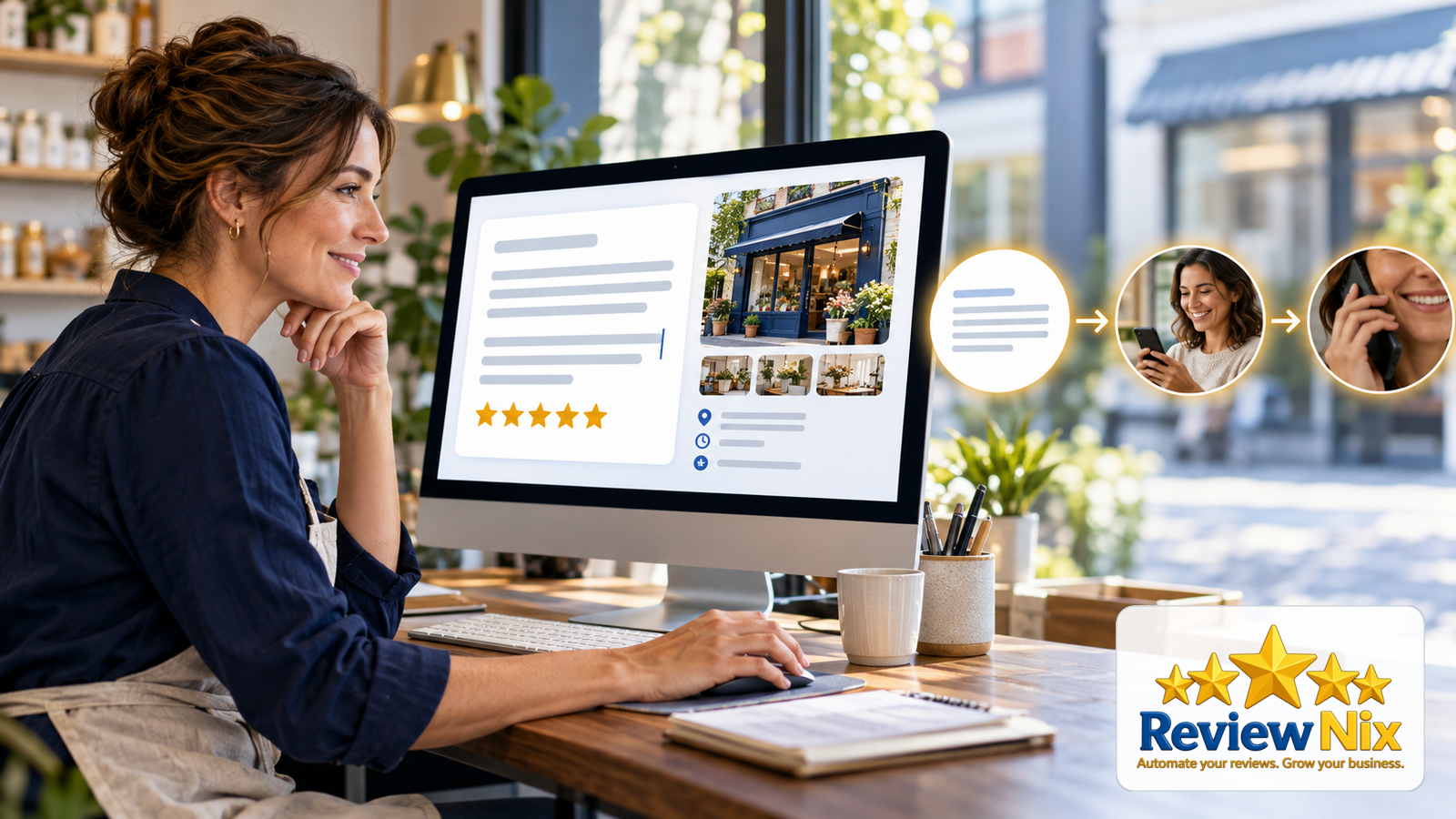 A visual explanation of google business profile description: how to write one that wins customers showing a business owner, a review workflow and five gold stars.