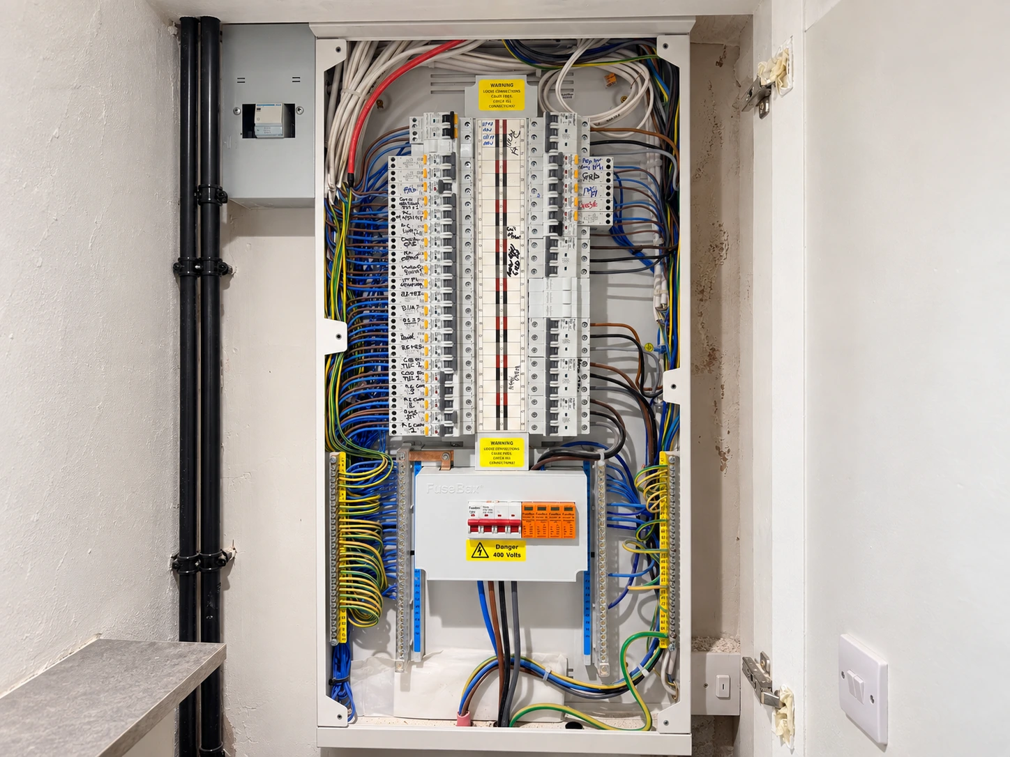 Electrical distribution board with labelled circuits.