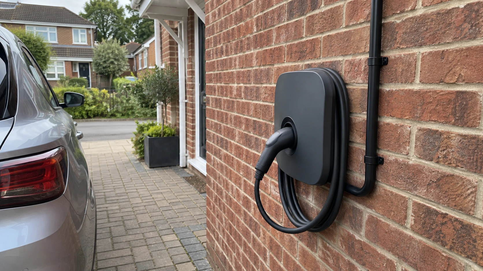 An EV charger installed beside a British driveway.