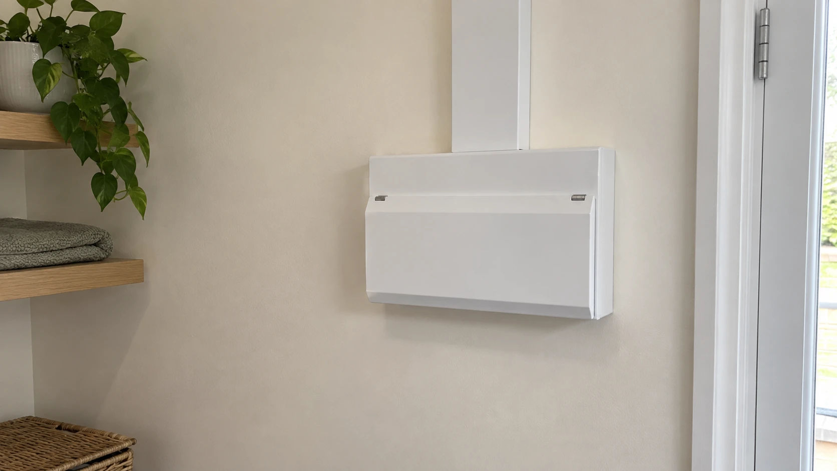 A closed white consumer unit with neatly fitted trunking.