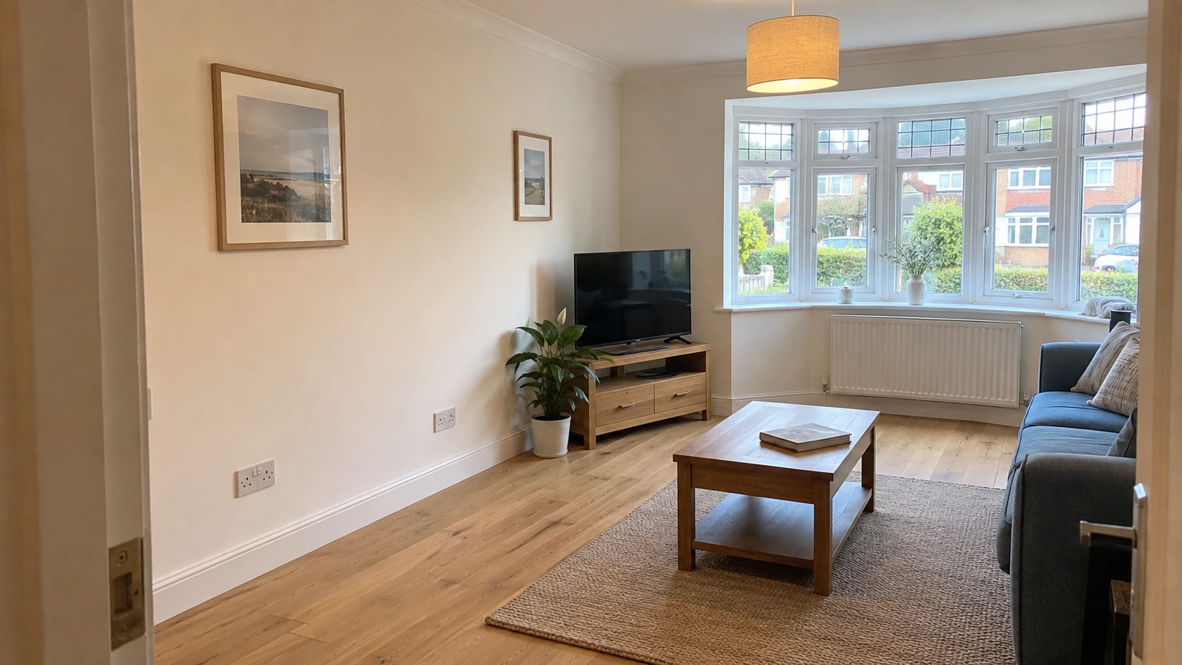 Sockets and lighting in a finished British living room.