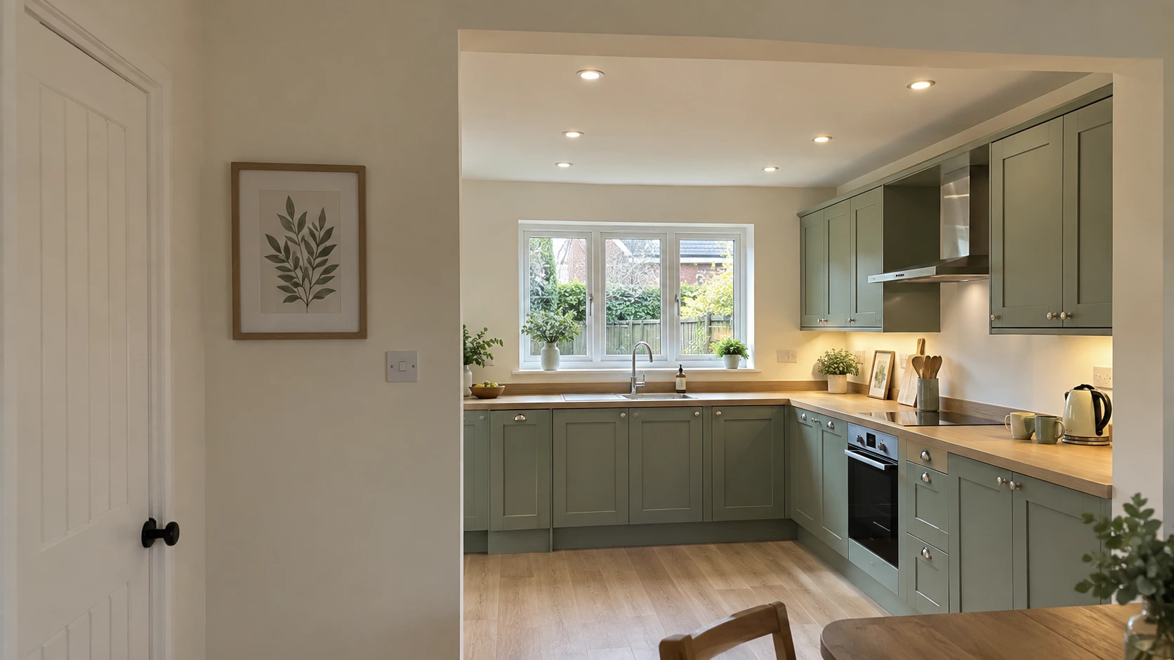 Recessed downlights and task lighting in a British kitchen.