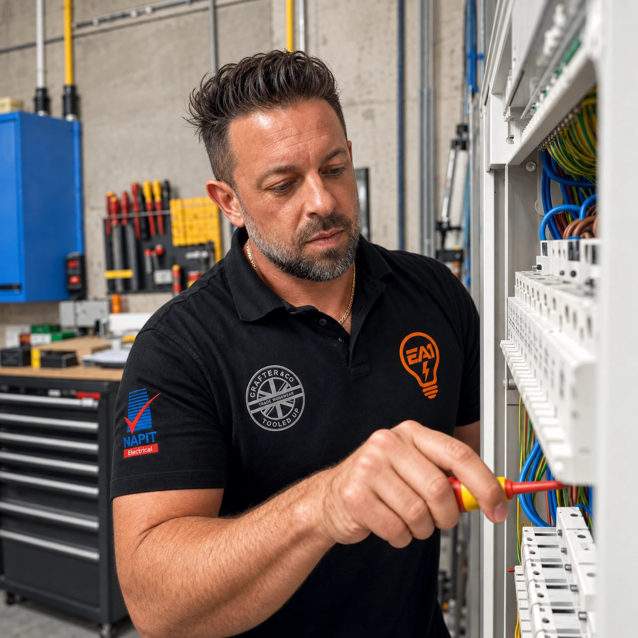 John Downham at an electrical panel.