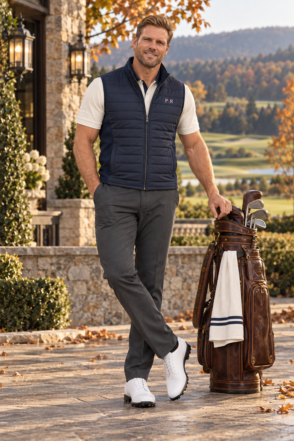 Player in a navy vest over a cream polo