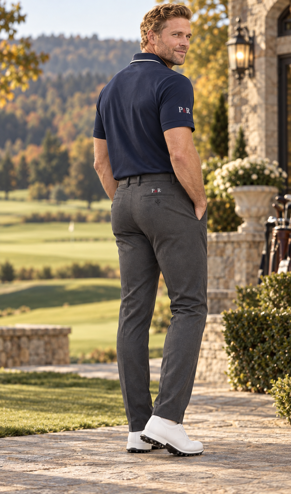 Player in a navy polo walking off the green
