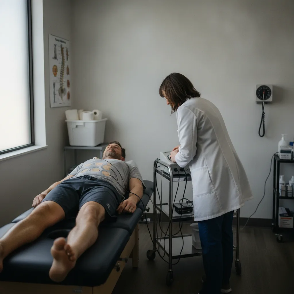 Clinician administering TENS electrical muscle stimulation treatment to a patient at Serenity Health & Body in Bradley, IL