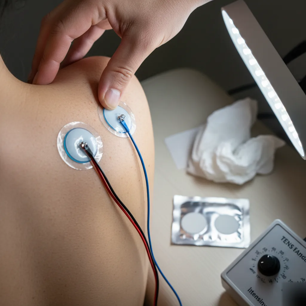 Close-up of TENS electrode pads being precisely placed on a patient's shoulder during clinical treatment in Bradley, IL
