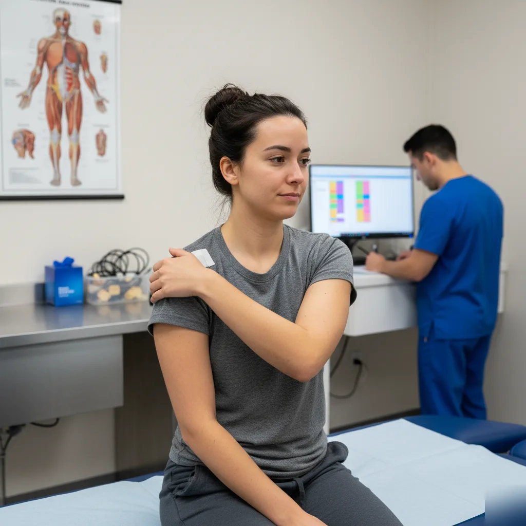 Patient seated comfortably after a TENS electrical muscle stimulation session at Serenity Health & Body in Bradley, IL