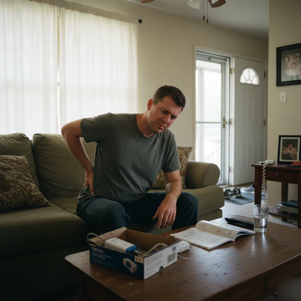 Man with lower back pain at home considering TENS therapy options in Bradley, IL