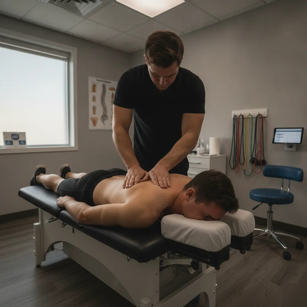 Clinician performing hands-on sports injury rehabilitation treatment on an athlete at Serenity Health & Body in Bradley, IL