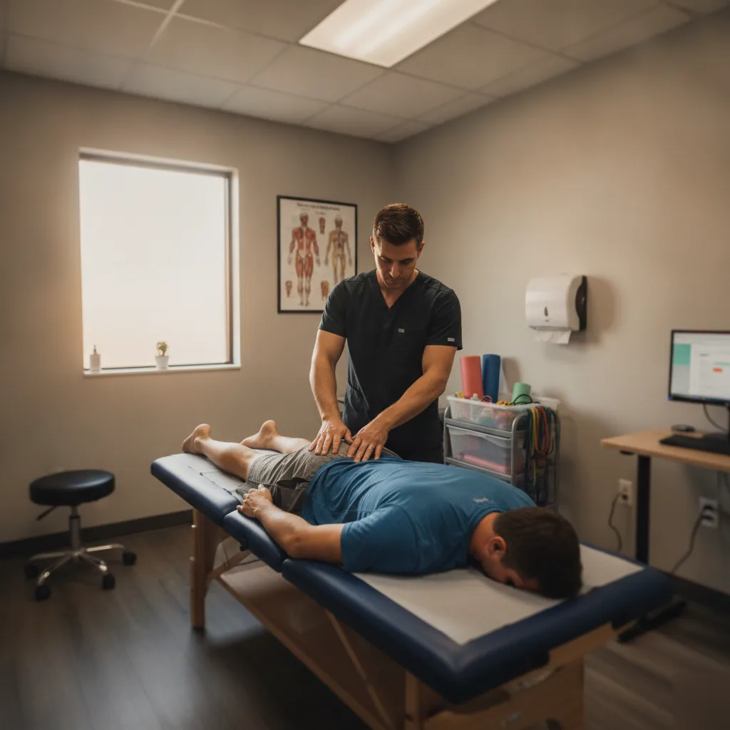 Clinician performing manual therapy on an athlete's back and hamstring during sports injury rehabilitation in Bradley, IL