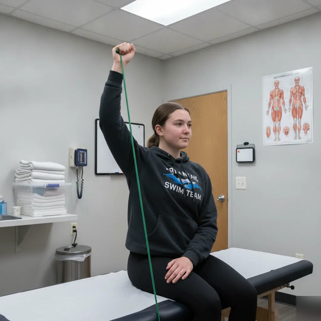 Swimmer performing shoulder rehabilitation exercises with a resistance band at Serenity Health & Body in Bradley, IL