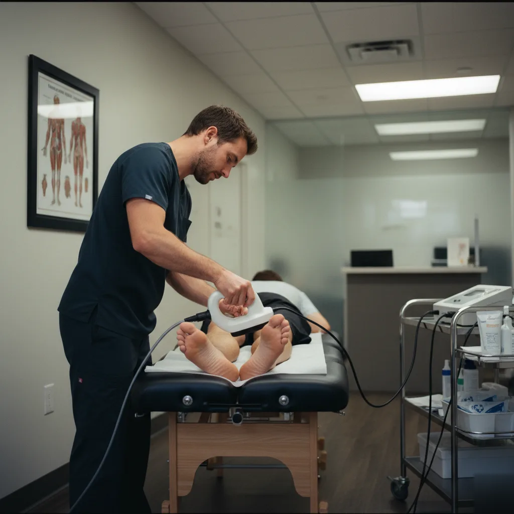 Clinician administering shockwave therapy to a patient's lower leg at Serenity Health & Body in Bradley, IL