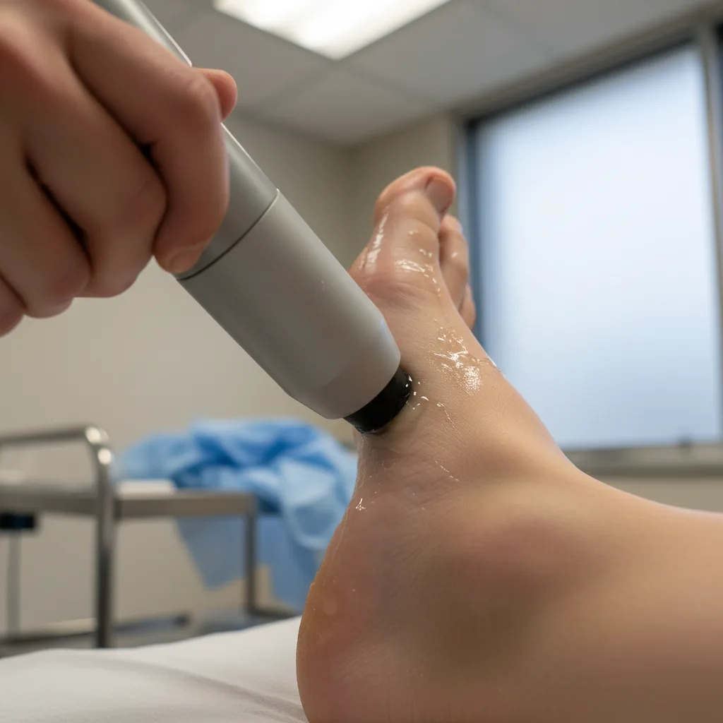 Close-up of shockwave therapy applicator being applied to the Achilles tendon with gel at Serenity Health & Body in Bradley, IL
