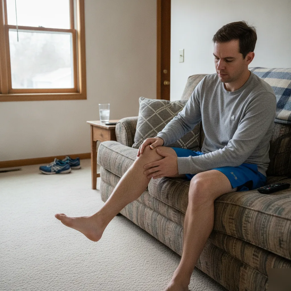 Man with chronic knee pain at home considering shockwave therapy treatment in Bradley, IL