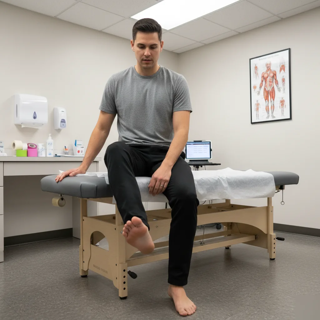 Patient assessing ankle mobility after a shockwave therapy session at Serenity Health & Body in Bradley, IL