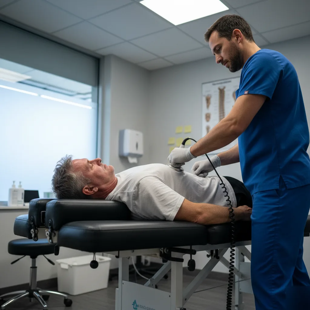 Clinician applying radiofrequency therapy to a patient's lower back at Serenity Health & Body in Bradley, IL