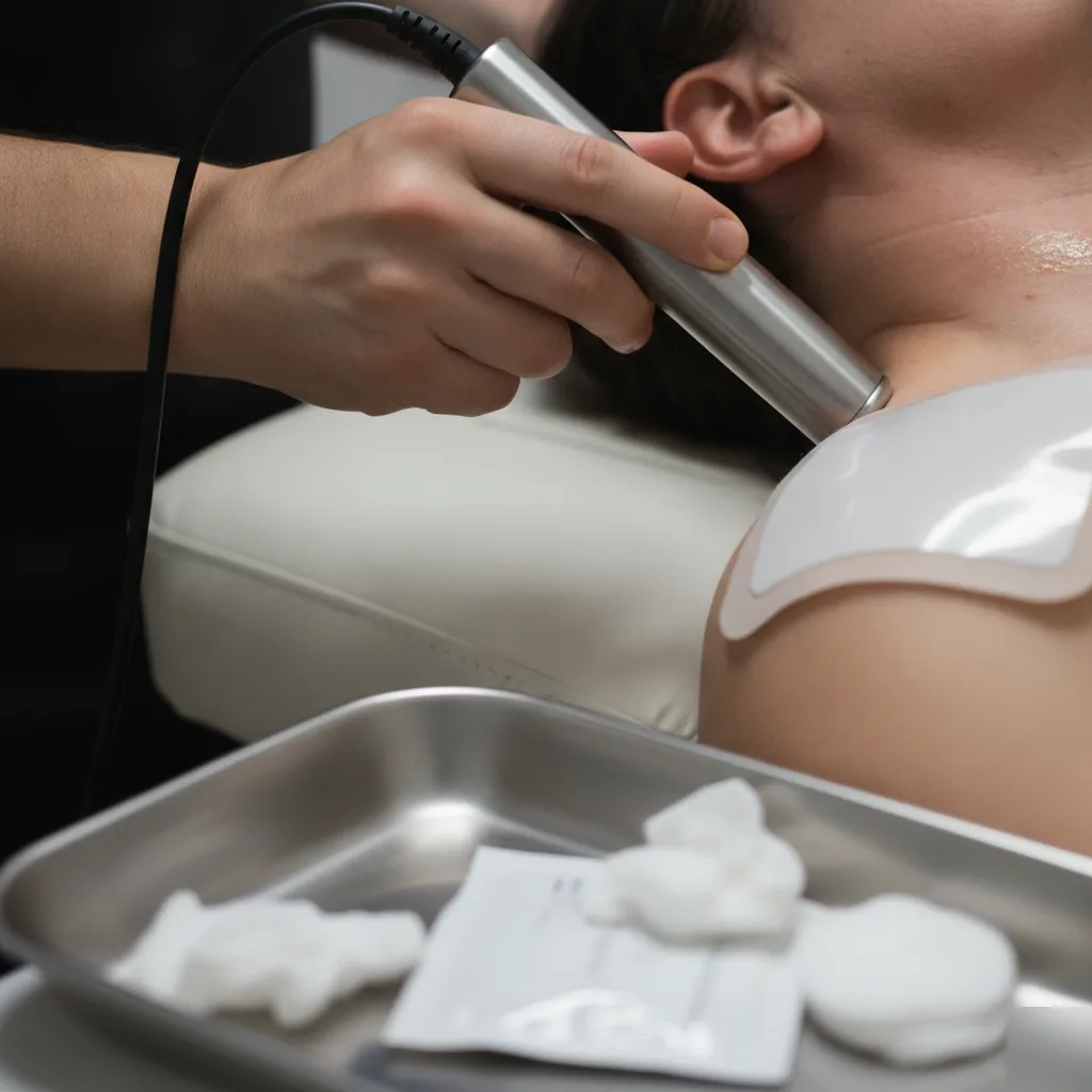 Close-up of radiofrequency therapy probe being applied to the cervical neck area at Serenity Health & Body in Bradley, IL