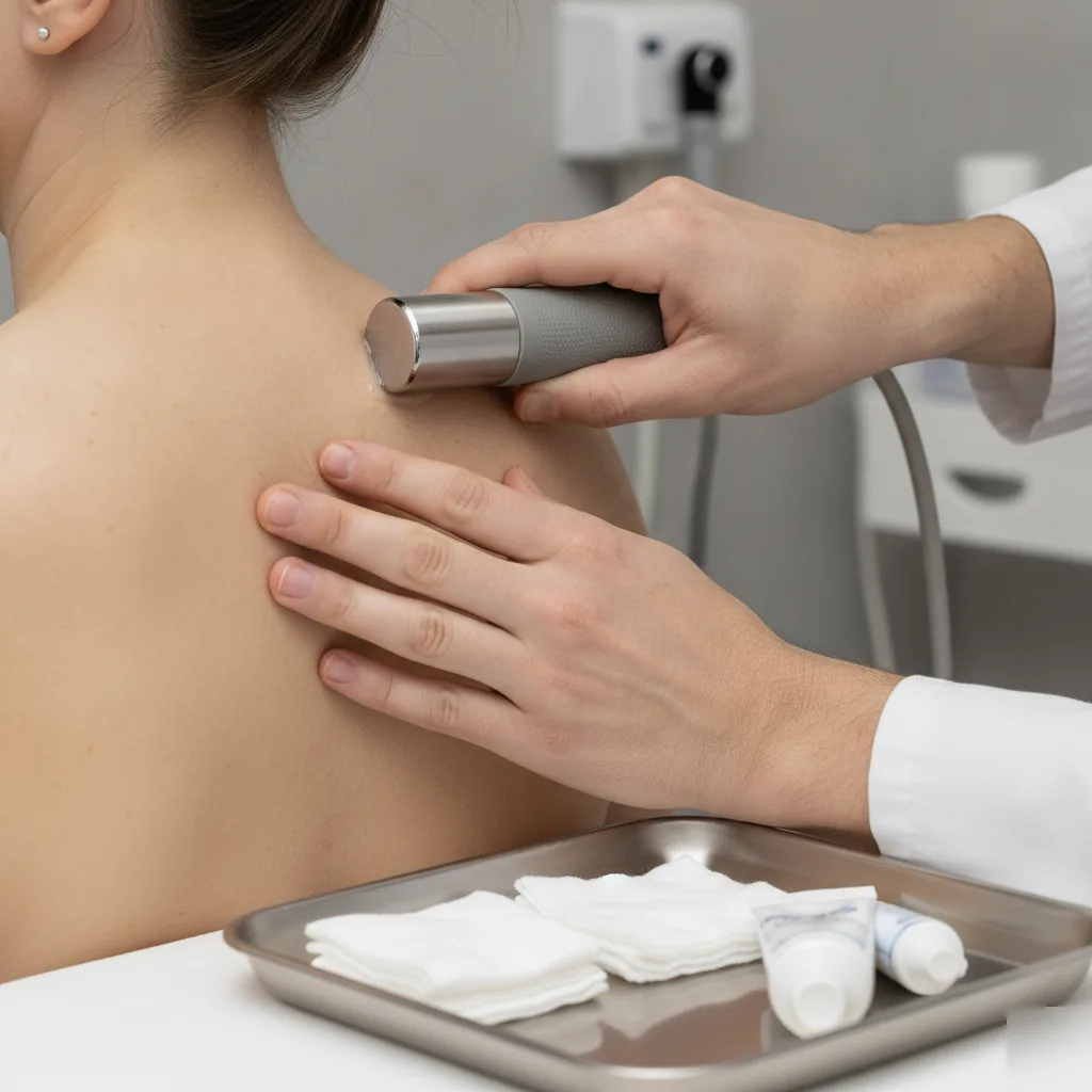 Clinician applying radiofrequency therapy applicator to a patient's shoulder and upper back at Serenity Health & Body in Bradley, IL