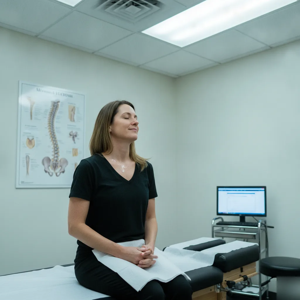 Patient seated calmly after a radiofrequency therapy session at Serenity Health & Body in Bradley, IL
