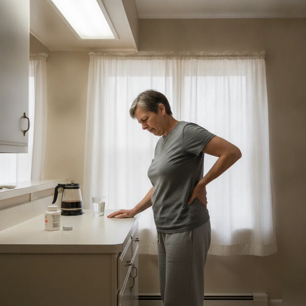 Woman bracing her lower back in pain at home in Bradley, IL — a common experience for sciatica patients before seeking care