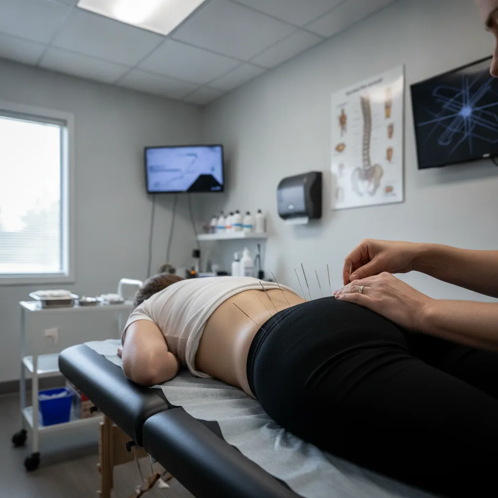 Clinician placing acupuncture needles on a patient's lower back for sciatica treatment at Serenity Health & Body in Bradley, IL