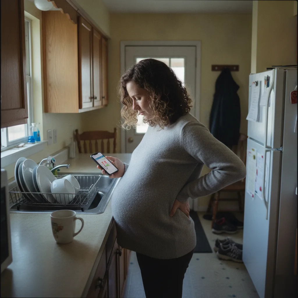 Pregnant woman experiencing lower back pain at home in Bradley, IL while searching for prenatal chiropractic care