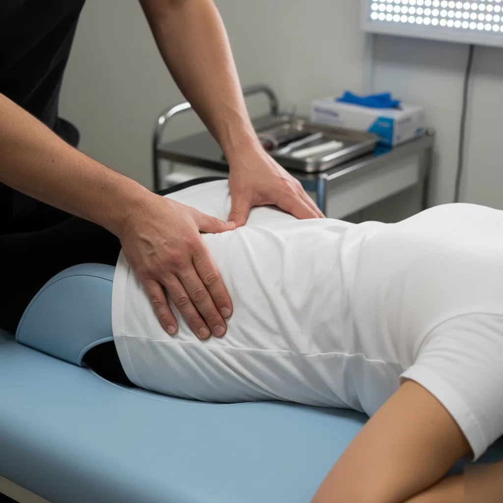 Chiropractor performing gentle lumbar contact adjustment on a pregnant patient at Serenity Health in Bradley, IL