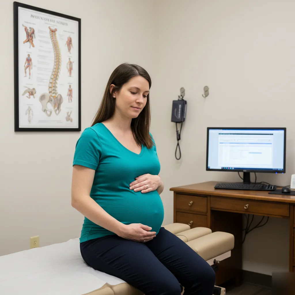 Pregnant patient seated comfortably after a prenatal chiropractic adjustment at Serenity Health in Bradley, IL