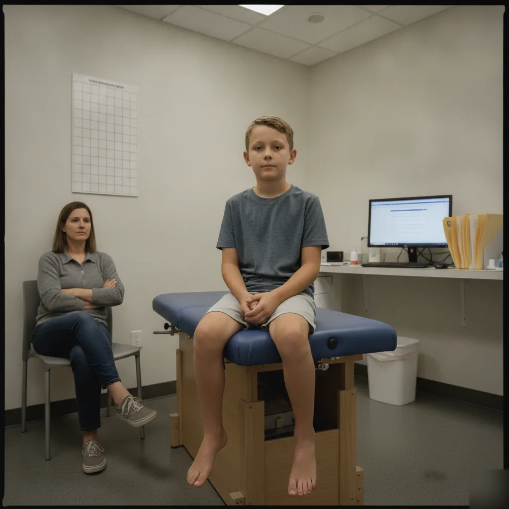 Child seated with good posture on a chiropractic table at Serenity Health & Body in Bradley, IL, parent present in the background