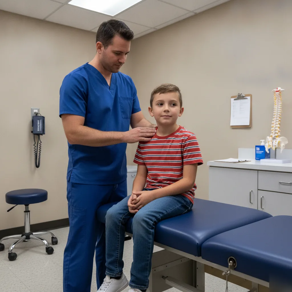 Chiropractor performing a gentle range-of-motion and posture assessment on a school-age child at Serenity Health & Body in Bradley, IL