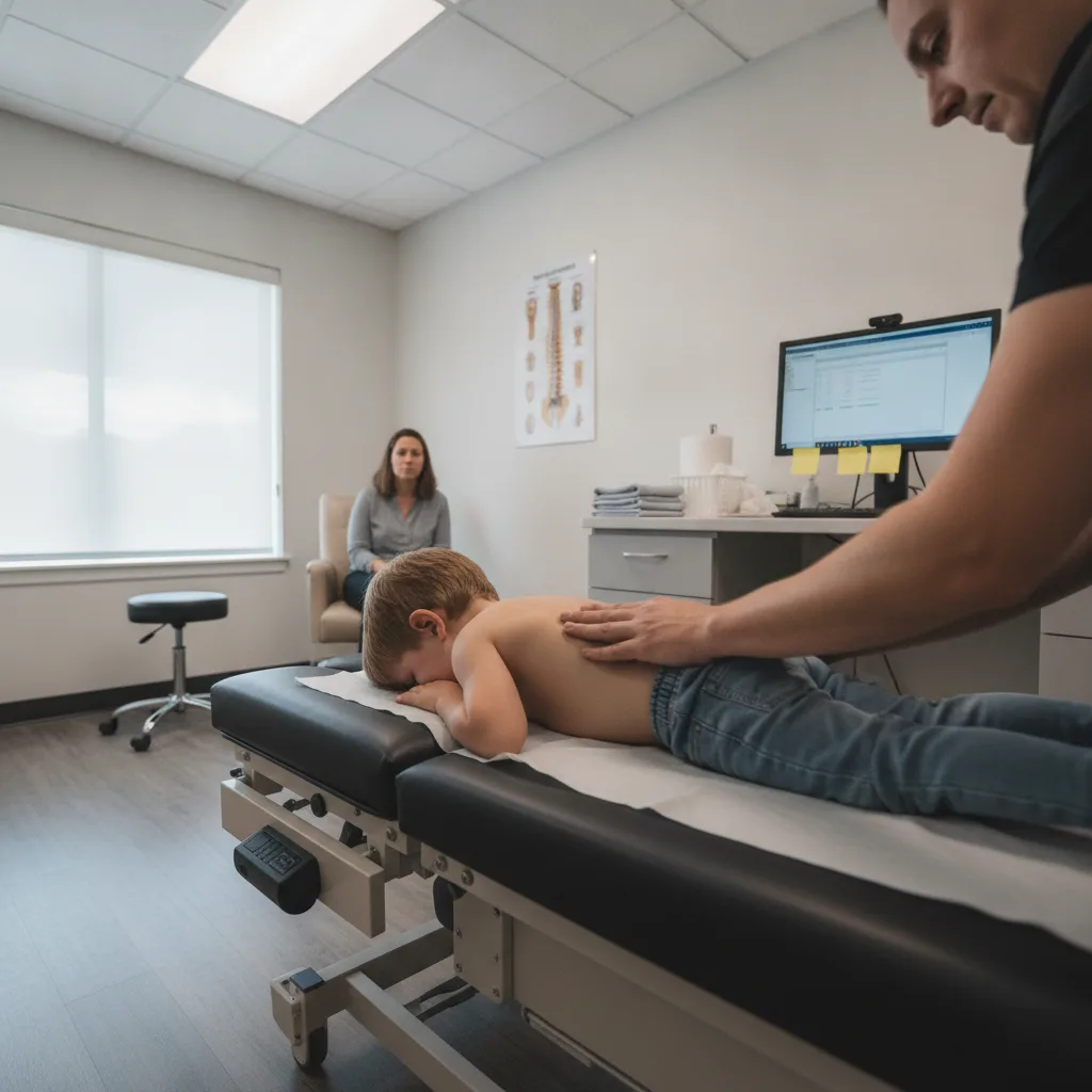 Chiropractor performing a gentle adjustment on a young child at Serenity Health & Body in Bradley, IL while a parent observes